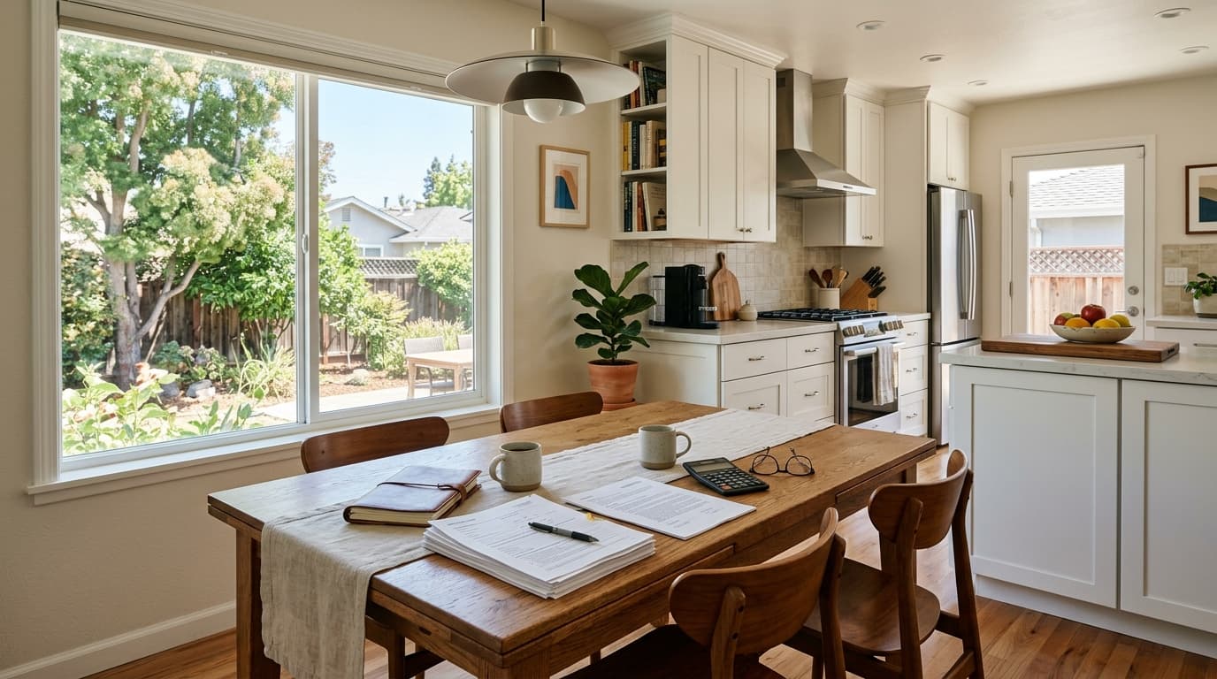 Couple reviewing home buying documents at a kitchen table in San Jose