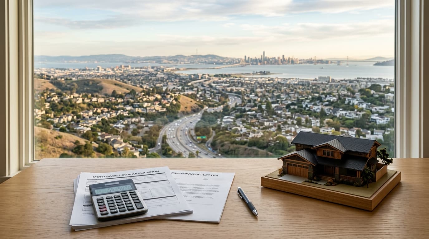 Calculator and home loan paperwork on a desk beside a model house