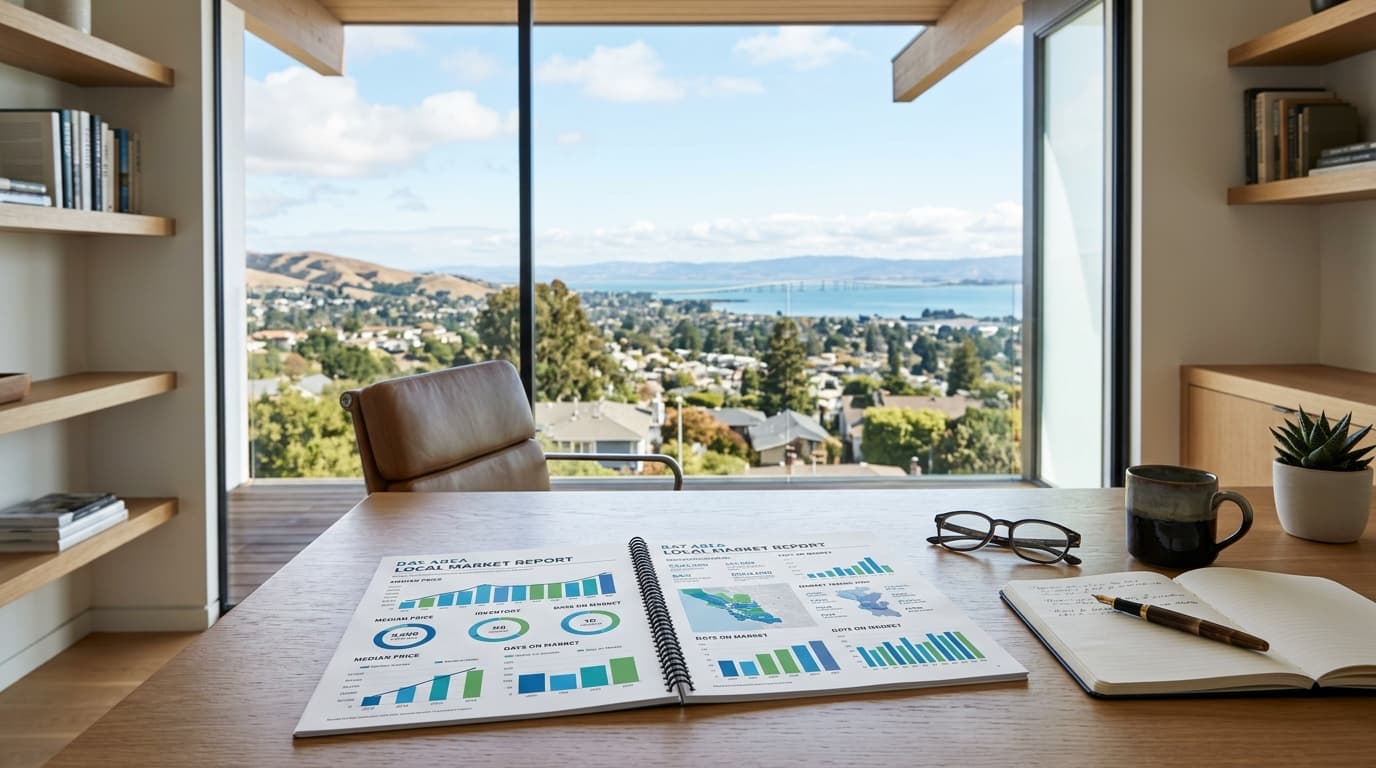 Homeowner reviewing a printed market report with charts at a desk