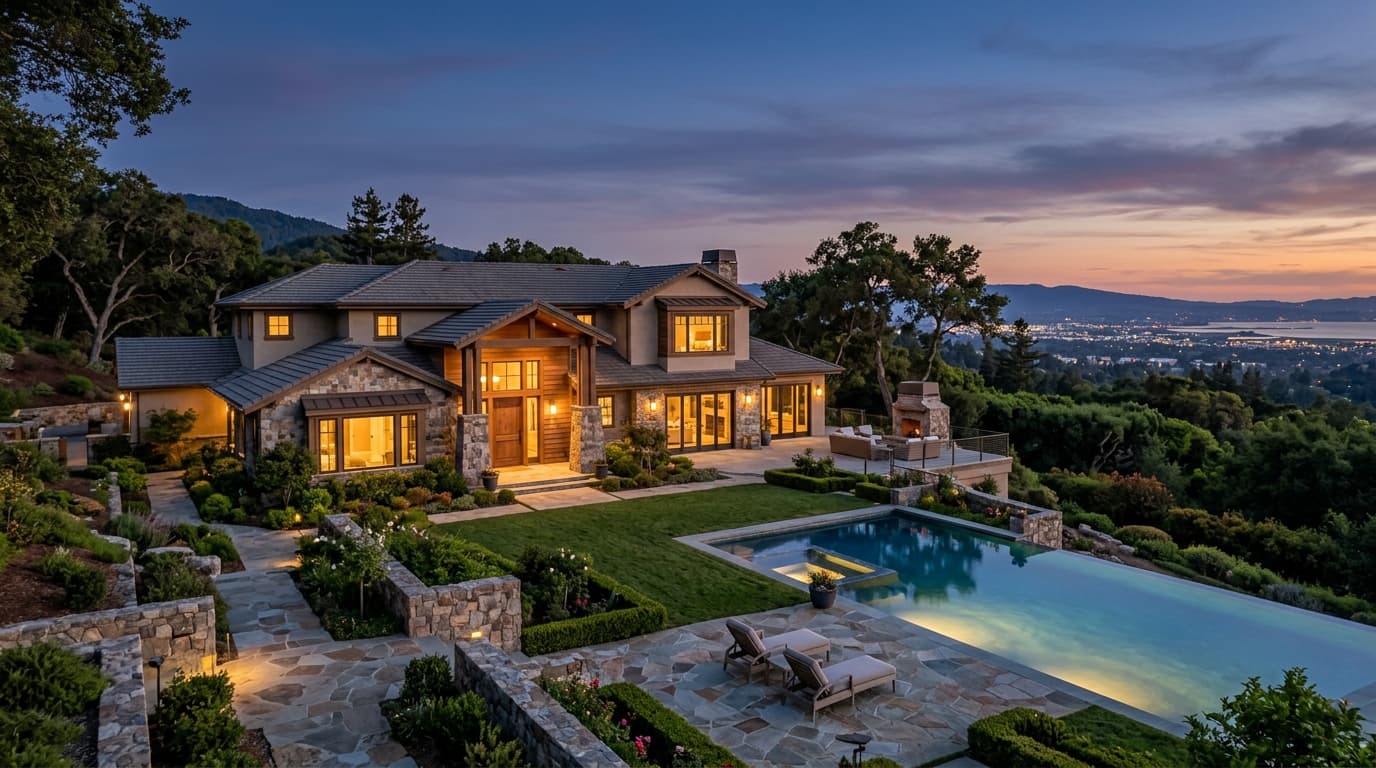 Elegant luxury home exterior in Saratoga at dusk