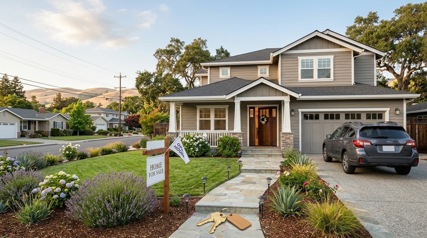 Young family receiving house keys in front of a San Jose home