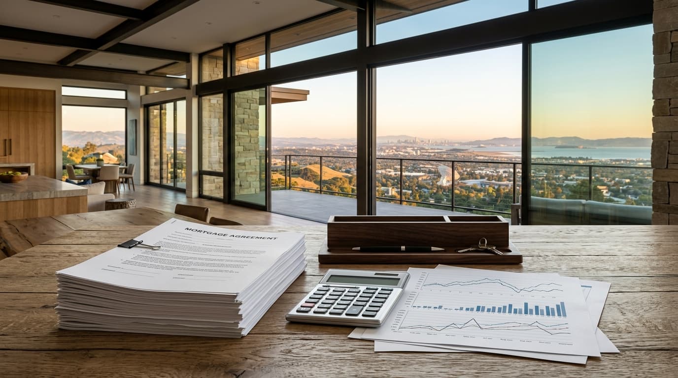 Financial charts and a calculator beside a stack of mortgage documents
